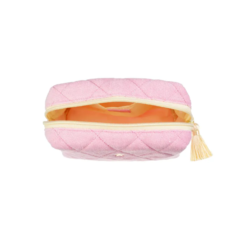 TERRY QUILTED MAKE-UP POUCH SMALL BUBBLEGUM PINK W/PALE YELLOW