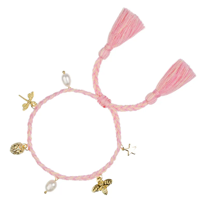 WOVEN FRIENDSHIP BRACELET W/CHARMS BUBBLEGUM PINK & PALE YELLOW 